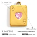 Pendentif As de Cœur en acier inoxydable doré orné d'un cristal en forme de cœur rose - Style Carte de Poker As de Cœur (PJ94808GB)
