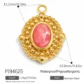 Gold stainless steel oval pendant with pink natural stone and beaded border - Oval Shape (PJ94625)