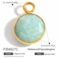 Stainless steel round natural stone pendant charm, 11.1mm x 8.1mm, gold finish - Round Style (PJ94627C)