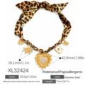 Elegant leopard print silk scarf necklace with gold heart pendant and mixed charms - Radial Heart Crown Necklace (XL32424)