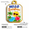 Gold stainless steel pendant with colorful tropical sun and palm tree enamel design - Beach Sunshine (PJ94503) / 22.6x14.9mm