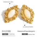 Vintage gold plated stainless steel stud earrings with marquise white resin inlay - Gold Plated Rippled Carved Style (EH12388)