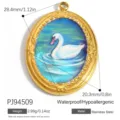 Ciondolo ovale in acciaio inossidabile con pittura a olio di cigno stile vintage - Cigno (PJ94509)