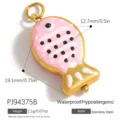 Pink fish-shaped jewelry charm in stainless steel with dimension and weight info - Pink Black Dot Fish (PJ94375B)