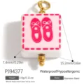 Square white glass pendant charm with pink ballet shoes design and gold stainless steel ring - Dancing Shoes Glass Pendant (PJ94377)