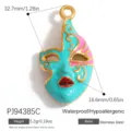 Stainless steel theater mask pendant with teal and pink enamel finish - Chinese Opera Mask (PJ94385C) / 32.7x16.6mm