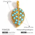 Eleganter Blattanhänger aus goldfarbenem Edelstahl mit türkisblauen Steineinlagen - Blattförmiger Anhänger (PJ94526)