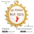 Gold stainless steel oval pendant with Italian quote and red footprint detail - Oval UN GIORNO ALLA VOLTA Print Style (PJ94616)