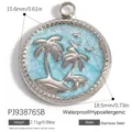 Stainless steel round pendant charm with palm tree design and light blue ocean background - 18.5mm Outer Diameter