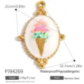 Pendentif cornet de glace fleuri en acier inoxydable doré pour la création de bijoux DIY - Style Crème Glacée (PJ94269) / 21x32.7mm / Blanc