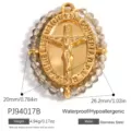 Religiöser Kreuzanhänger aus Edelstahl mit grauen Perlen, wasserfeste 18K Goldbeschichtung. - 20.0x26.2mm / Kruzifix-Stil (PJ94017B)