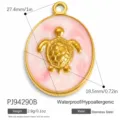 Gold-plated stainless steel sea turtle pendant charm with pink enamel - Oval Turtle Style (PJ94290B) / Pink