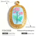 Waterproof gold stainless steel oval floral pendant DIY jewelry accessory 10.9x18mm - Oval Floral Enamel Style (PJ94306B) / Blue