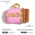 Stainless steel enamel chocolate bar charm pendant in pink and brown with gold loop - CHOCO Text Chocolate Style (PJ94307B) / Pink