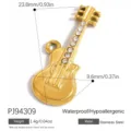 Detailed gold guitar charm pendant in stainless steel with crystal inlay for DIY jewelry - Guitar Style With Rhinestones (PJ94309)