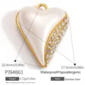 Elegant stainless steel heart pendant with white enamel and sparkling rhinestones. - Enamel Openwork Heart with Rhinestones (PJ94661) / 22.6x17.5mm / Gold White