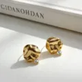 Pendientes de botón minimalistas de plata de ley S925 dorada con textura irregular y circón. - Plata 925 / Dorado