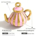 Miniatur Teekanne Anhänger aus Edelstahl mit rosa Emaille für DIY Schmuckherstellung - Teekannen-Stil (PJ93933D) / 14.7x13.7mm / Rosa
