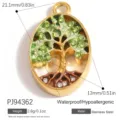 Vergoldeter Edelstahl Lebensbaum Anhänger mit grüner Emaille und Kristallen - Ovaler Lebensbaum-Stil (PJ94362) / 21.1x13mm / Gold