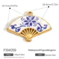 Stainless steel fan-shaped pendant with blue and white porcelain pattern for DIY jewelry - Fan Blue And White Porcelain Style (PJ94099)