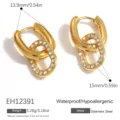 Eleganti orecchini a cerchio a U in acciaio inossidabile dorato con brillanti strass pavé - Stile a Doppio Anello Intersecato a U (EH12391) / Placcato Oro 18K / Oro 18K