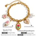 Waterproof gold plated stainless steel charm bracelet with rose and lucky heart charms - Floral Pearl Charm Bracelet (SL41772) / 18K Gold Plated / Gold