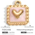Golden stainless steel square charm with pink resin and raised heart for DIY jewelry - Beaded Edge Heart Pendant (PJ94144B) / 17.2x14.1mm / Pink