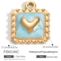 Gold plated stainless steel square pendant with light blue heart detail for jewelry DIY - Beaded Edge Heart Pendant (PJ94144C) / 17.2x14.1mm / Blue