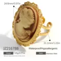 Anello cammeo vintage in acciaio inossidabile dorato con rilievo ritratto donna resina - Anello Ritratto di Dama (JZ21678B) / Circa 24,6x31,1mm / Oro e Marrone