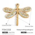 Gold plated stainless steel dragonfly pendant with blue enamel and floral pattern - Blue Dragonfly Style (PJ94105B)