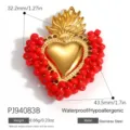 Ciondolo a cuore in acciaio inossidabile dorato con bordo di perline rosse per fai-da-te - Stile Cuore Con Perline Rosse (PJ94083B)