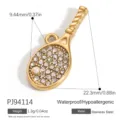 Gold-plated stainless steel tennis racket pendant with cubic zirconia and a white pearl - Tennis Racket Pearl Rhinestone Style (PJ94114)