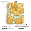 Ciondolo rettangolare in acciaio inox con fiori dorati e smalto azzurro chiaro - Stile Placca Floreale Blu (PJ94087B)