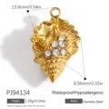 Gold seashell pendant charm with crystals, 13.8mm x 8.56mm size. - Conch Five Rhinestone Style (PJ94134)