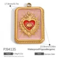 Gold-plated stainless steel sacred heart pendant with pink enamel and eye detail - Rectangular Pink Sacred Heart (PJ94135)