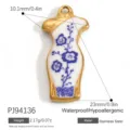 Stainless steel Cheongsam style pendant with blue and white porcelain floral pattern - Cheongsam White Blue Porcelain (PJ94136)