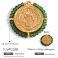 18K gold plated stainless steel St. Benedict medal pendant with green beads border - St Benedict Medal Style (PJ94018B)