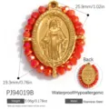 Religious Miraculous Medal pendant with red beads in 18K gold plated stainless steel - Miraculous Mary Medal Style (PJ94019B)