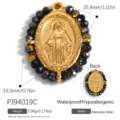 Gold-plated stainless steel Virgin Mary pendant with black beads, showing dimensions and back view. - Miraculous Mary Medal Style (PJ94019C)