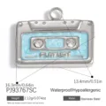 Retro stainless steel cassette tape pendant with light blue glitter inlay and clear stones - Blue Cassette Rhinestone Silver (PJ93767SC)