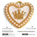 Gold-plated stainless steel heart pendant with crown emblem and pearls, 21.6mm size - White Crown Heart Pearl Gold (PJ94003GA)