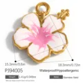Gold-plated stainless steel hibiscus flower pendant with pink and white enamel - Hibiscus Flower Enamel Gold (PJ94005)