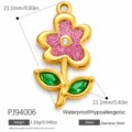 Stainless steel flower pendant with pink glitter and green crystals, 21.1mm height. - Flower Rhinestone Green Leaf Gold (PJ94006)