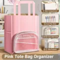 Bolso de lona rosa de gran capacidad con bolsillo frontal transparente y múltiples compartimentos. - 7 Capas Gran Capacidad / Rosa