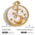 Celestial stainless steel moon and star pendant with white enamel and crystals - Star and Moon Round Pendant (PJ93778C) / 21.9mm Size / Gold and White