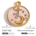 Celestial pink enamel stainless steel pendant featuring moon and star design for DIY - Star and Moon Round Pendant (PJ93778D) / 21.9mm Size / Gold and Pink