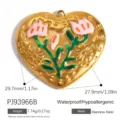 Ciondolo a cuore in acciaio inossidabile dorato con fiori in smalto rosa e misure. - Pendente Tulipano a Cuore (PJ93966B)
