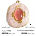 Pendentif ovale en acier inoxydable avec pierre œil de chat rose et détails en émail rose - Style Pierre Artificielle Rose Clair Ovale Irrégulier (PJ93895B)