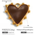 Golden stainless steel heart pendant featuring brown enamel finish and beaded accents - Coffee Big Heart (PJ92521C)