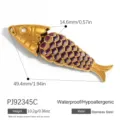 Gold-plated stainless steel fish pendant with purple enamel details and sizing info - Purple Goldfish (PJ93863)